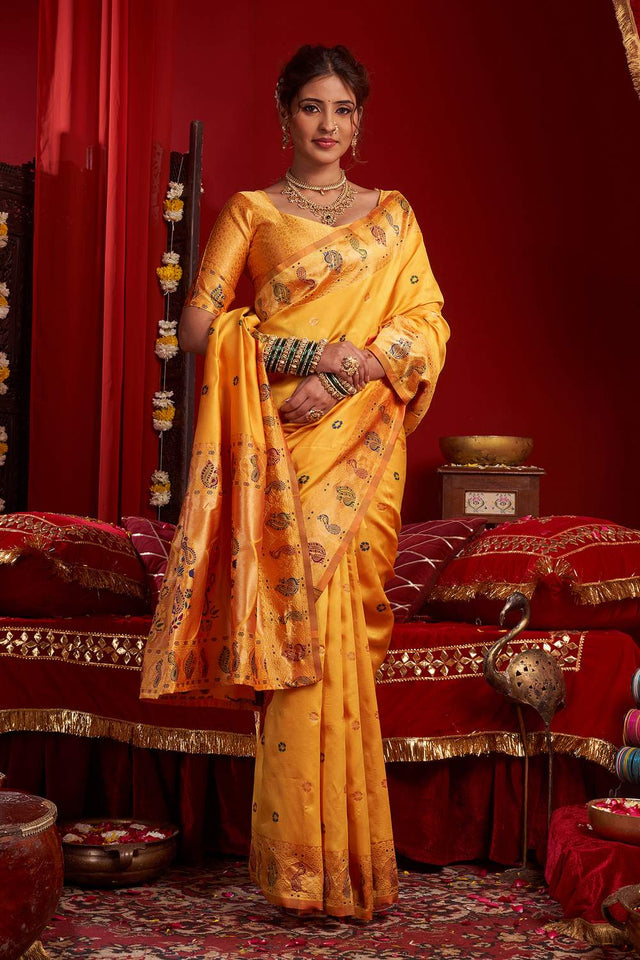Orange Paithani Floral Woven Silk Blend Saree (HT1703)