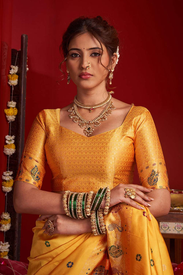 Orange Paithani Floral Woven Silk Blend Saree (HT1703)