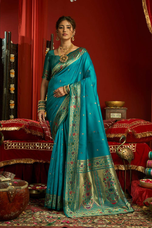 Light Blue Paithani Floral Woven Silk Blend Saree (HT1706)