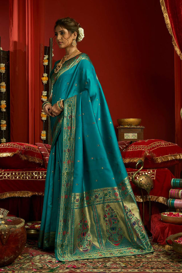 Light Blue Paithani Floral Woven Silk Blend Saree (HT1706)