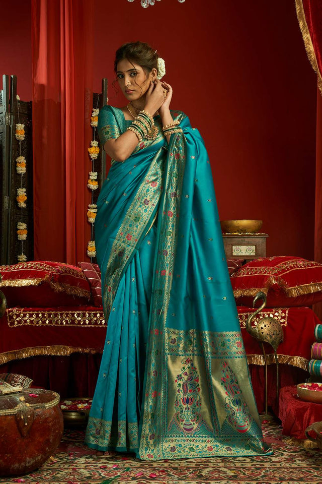 Light Blue Paithani Floral Woven Silk Blend Saree (HT1706)