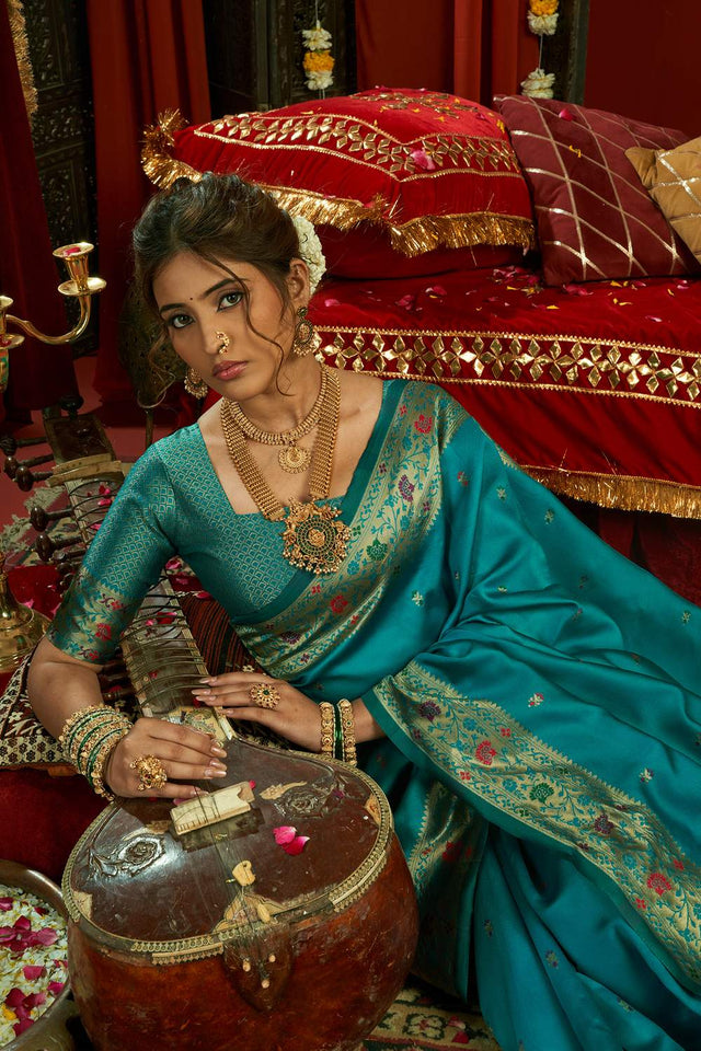 Light Blue Paithani Floral Woven Silk Blend Saree (HT1706)