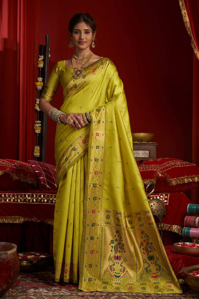 Green Paithani Floral Woven Silk Blend Saree (HT1707)