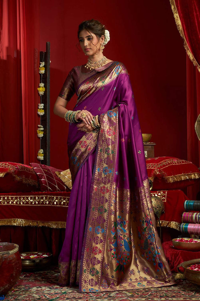 Wine Paithani Woven Silk Blend Saree (HT1709)