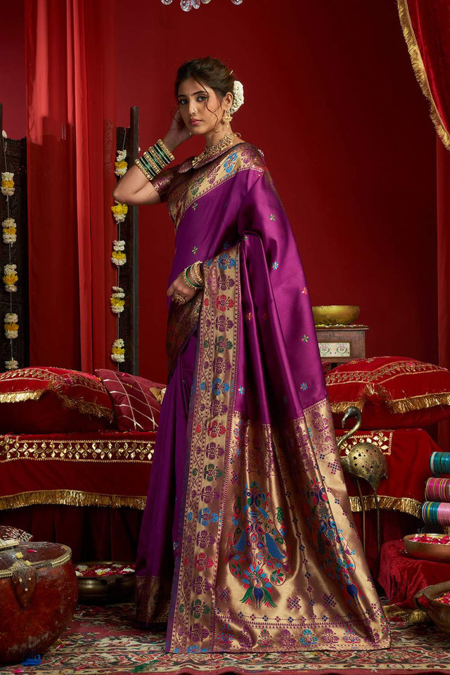 Wine Paithani Woven Silk Blend Saree (HT1709)