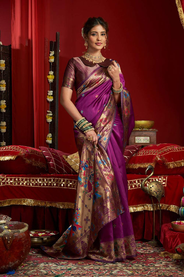 Wine Paithani Woven Silk Blend Saree (HT1709)