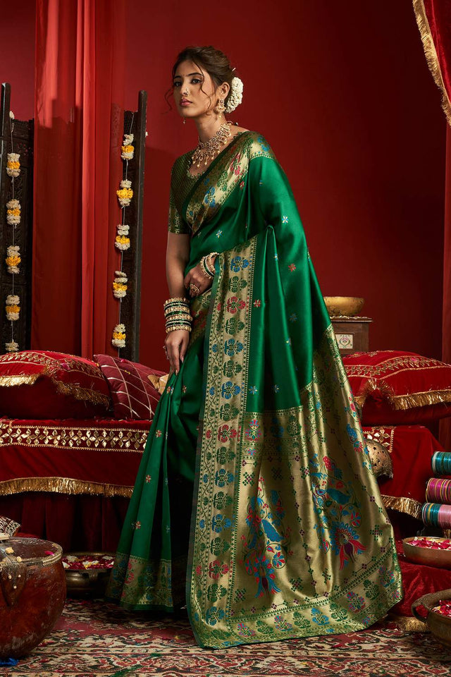 Green Paithani Woven Silk Blend Saree (HT1710)