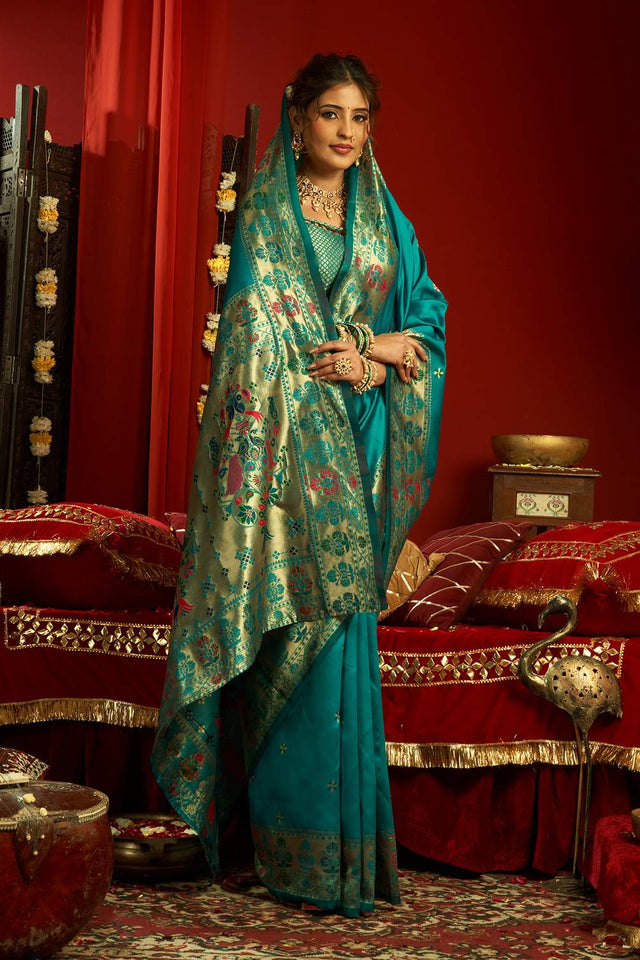 Turquoise Paithani Woven Silk Blend Saree (HT1711)