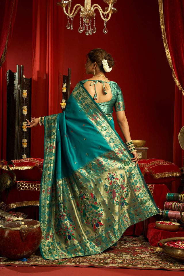 Turquoise Paithani Woven Silk Blend Saree (HT1711)