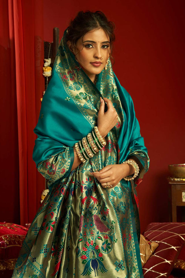 Turquoise Paithani Woven Silk Blend Saree (HT1711)