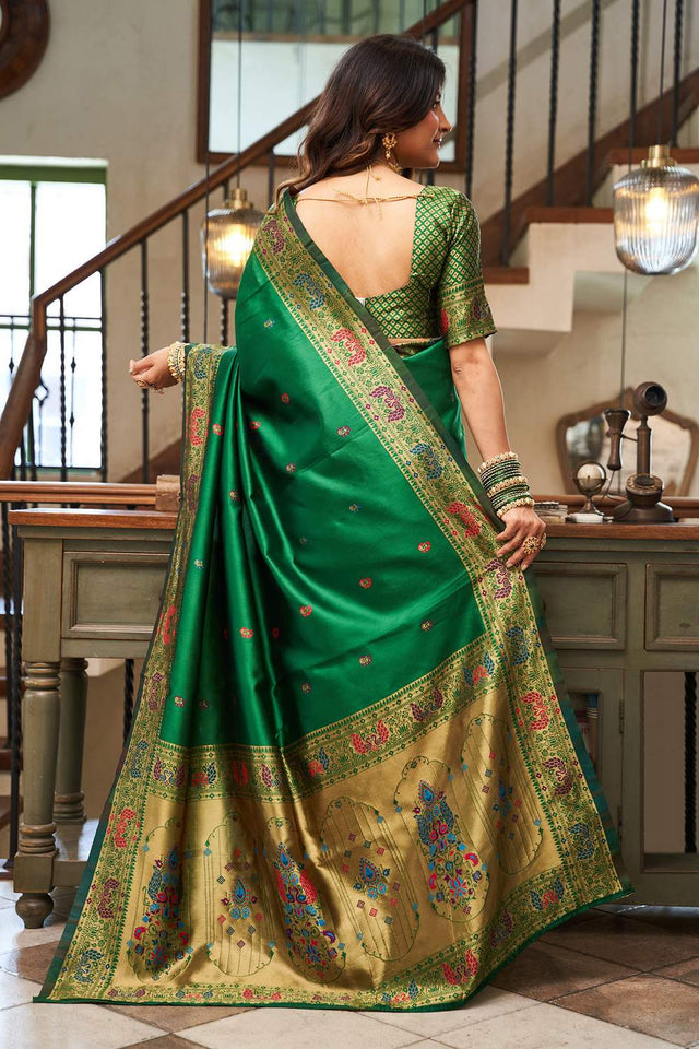 Green Paithani Peacock Woven Silk Blend Saree (HT1712)