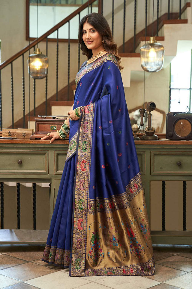 Navy Blue Paithani Peacock Woven Silk Blend Saree (HT1713)