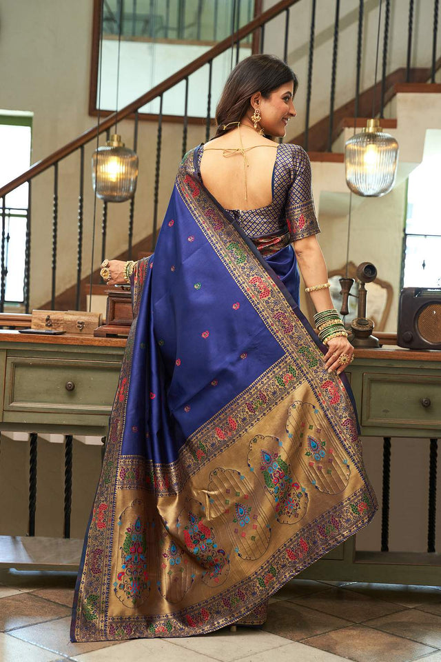 Navy Blue Paithani Peacock Woven Silk Blend Saree (HT1713)