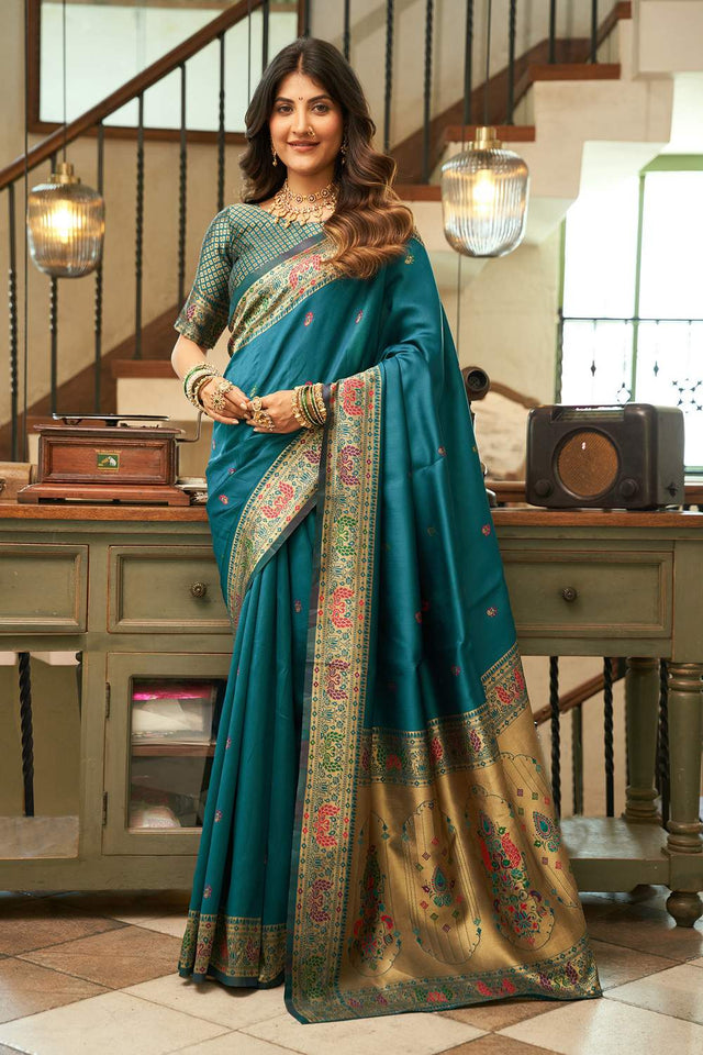 Turquoise Paithani Peacock Woven Silk Blend Saree (HT1714)