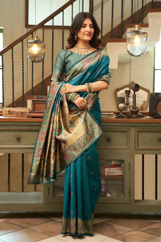Turquoise Paithani Peacock Woven Silk Blend Saree (HT1714)