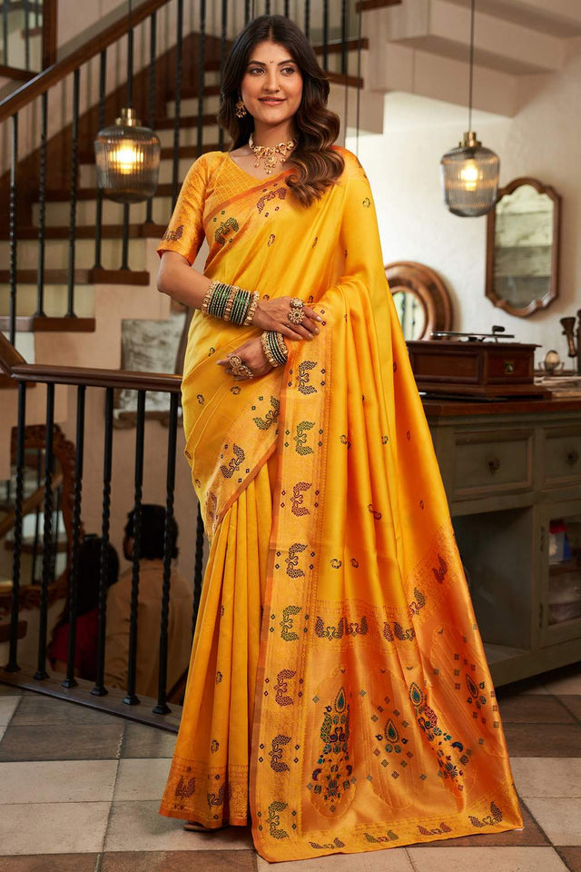 Orange Paithani Peacock Woven Silk Blend Saree (HT1715)
