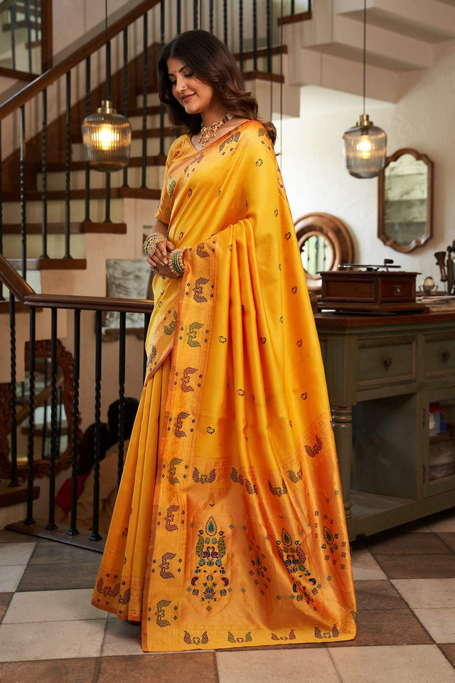 Orange Paithani Peacock Woven Silk Blend Saree (HT1715)