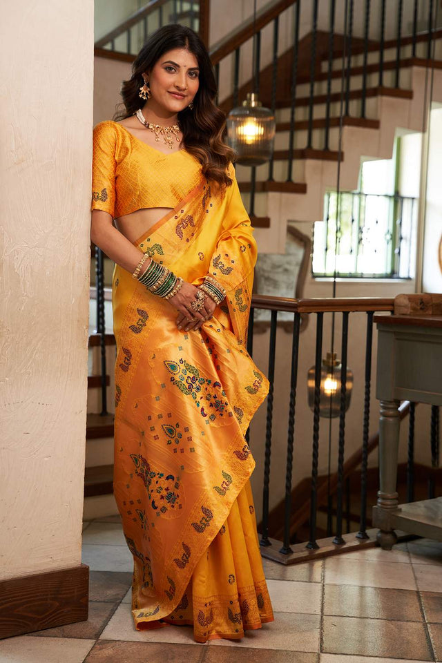 Orange Paithani Peacock Woven Silk Blend Saree (HT1715)