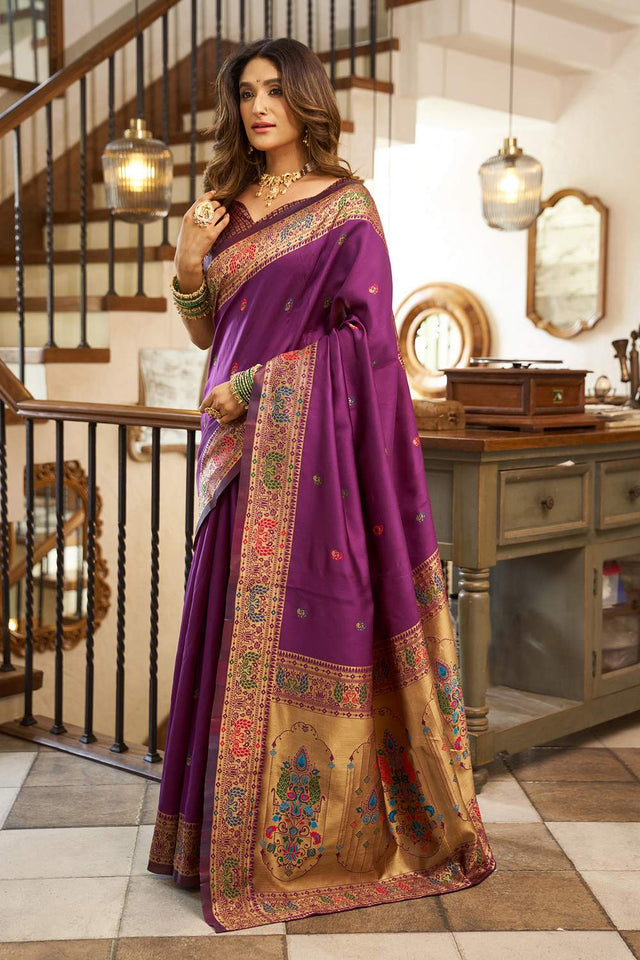 Purple Paithani Peacock Woven Silk Blend Saree (HT1716)