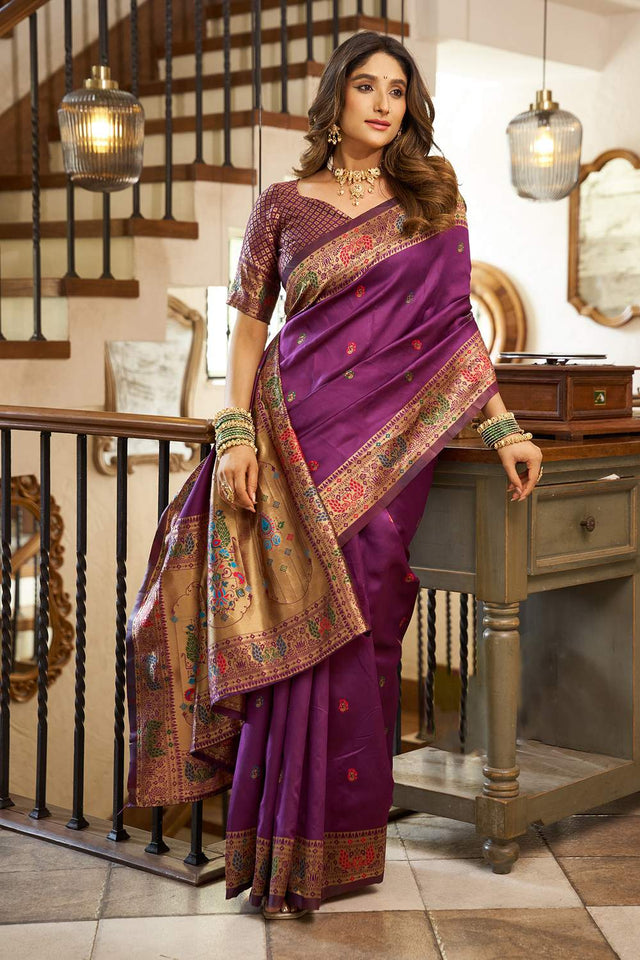 Purple Paithani Peacock Woven Silk Blend Saree (HT1716)