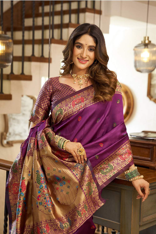 Purple Paithani Peacock Woven Silk Blend Saree (HT1716)