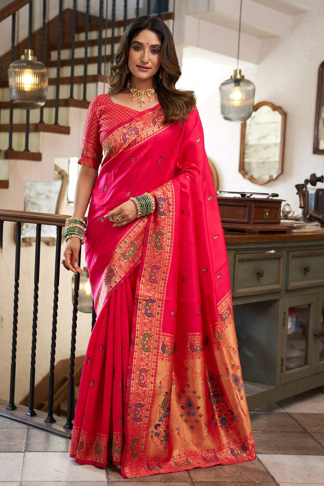 Pink Paithani Peacock Woven Silk Blend Saree (HT1718)