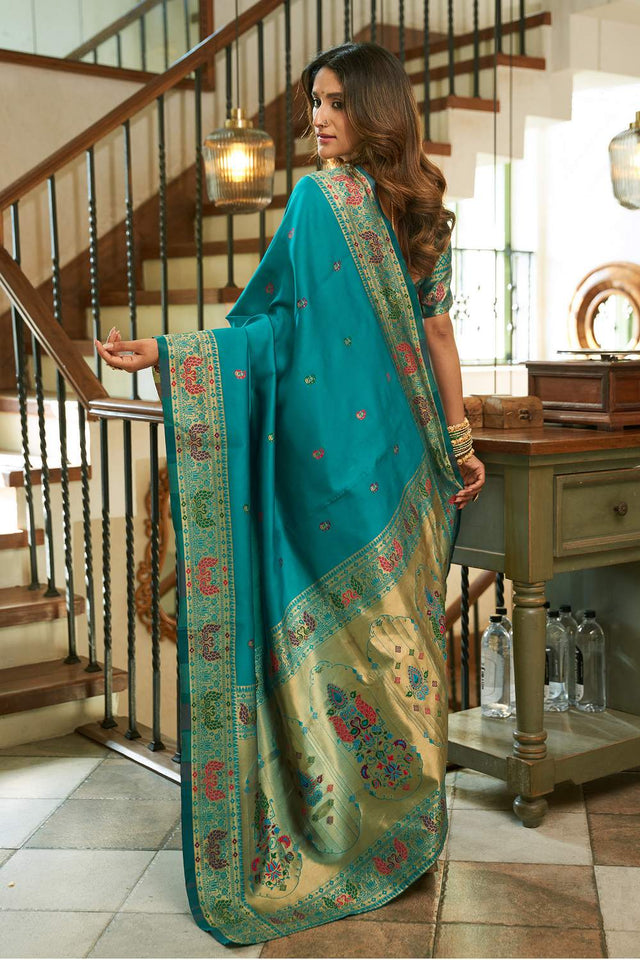 Turquoise Paithani Peacock Woven Silk Blend Saree (HT1719)