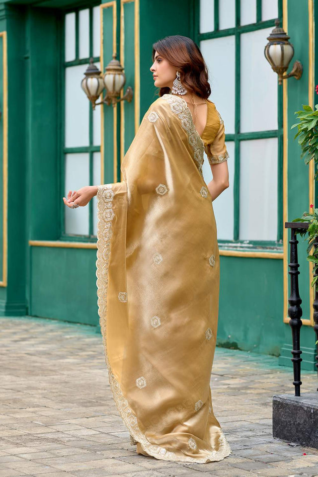 Beige Floral Embroidered Chiffon Saree (HT1801)