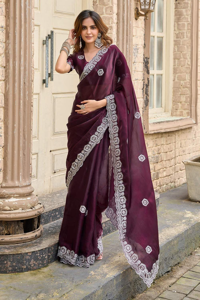 Wine Floral Embroidered Chiffon Saree (HT1802)