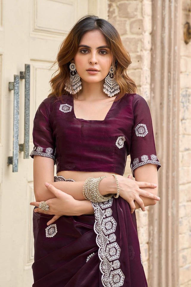 Wine Floral Embroidered Chiffon Saree (HT1802)