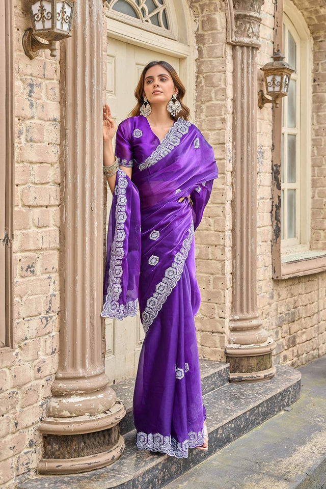Violet Floral Embroidered Chiffon Saree (HT1803)