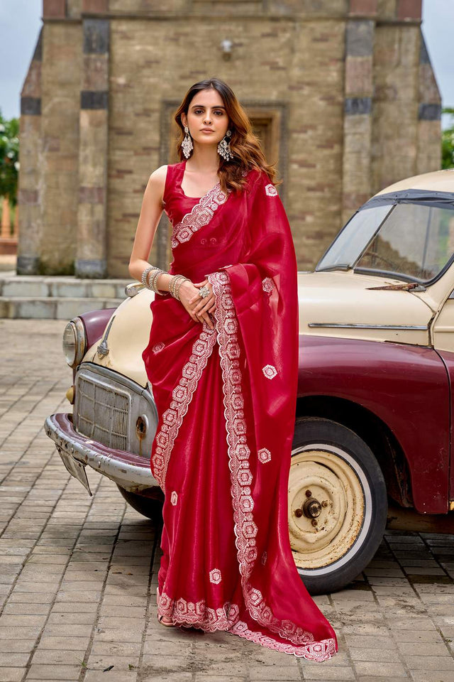 Red Floral Embroidered Chiffon Saree (HT1804)