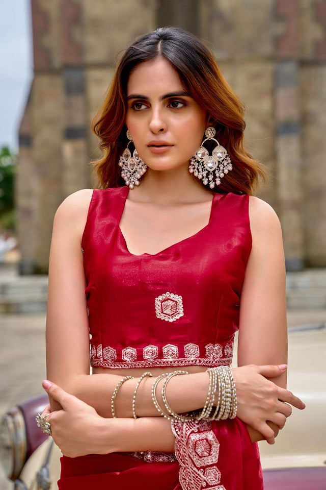 Red Floral Embroidered Chiffon Saree (HT1804)