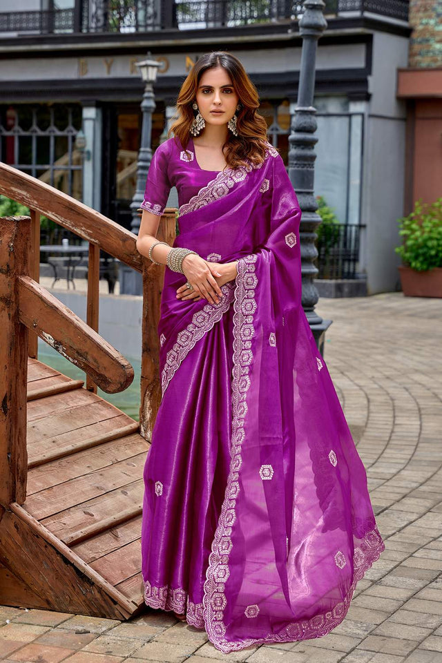 Purple Floral Embroidered Chiffon Saree (HT1805)