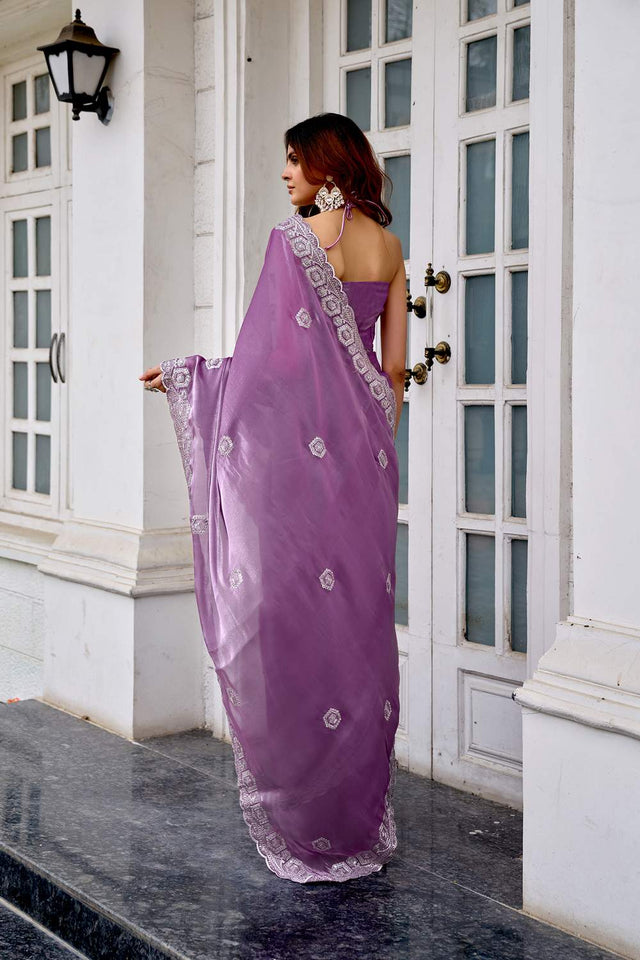 Lavender Floral Embroidered Chiffon Saree (HT1806)