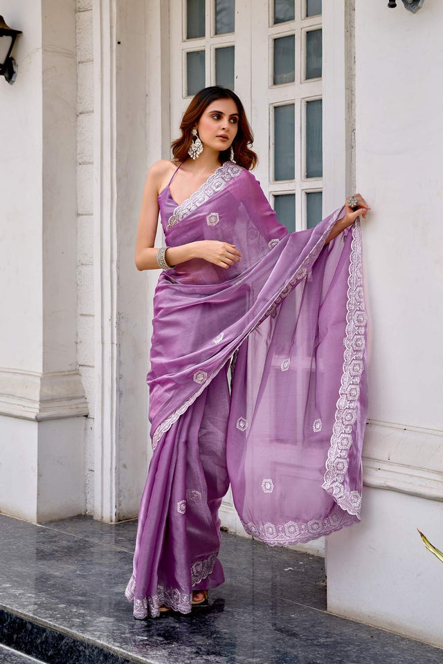Lavender Floral Embroidered Chiffon Saree (HT1806)