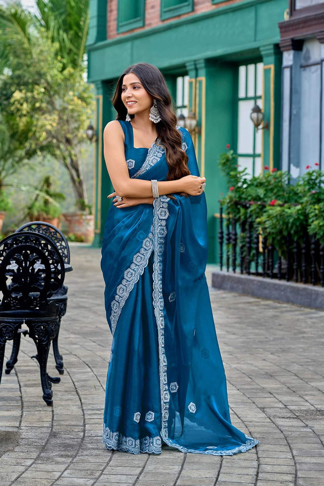 Turquoise Floral Embroidered Chiffon Saree (HT1807)