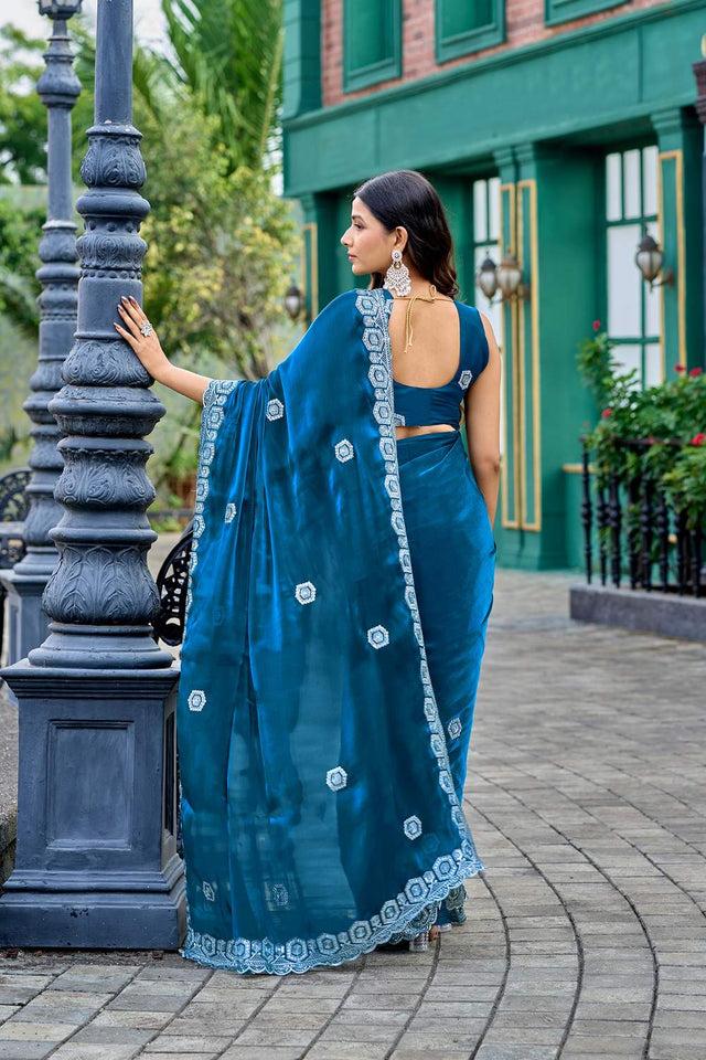 Turquoise Floral Embroidered Chiffon Saree (HT1807)