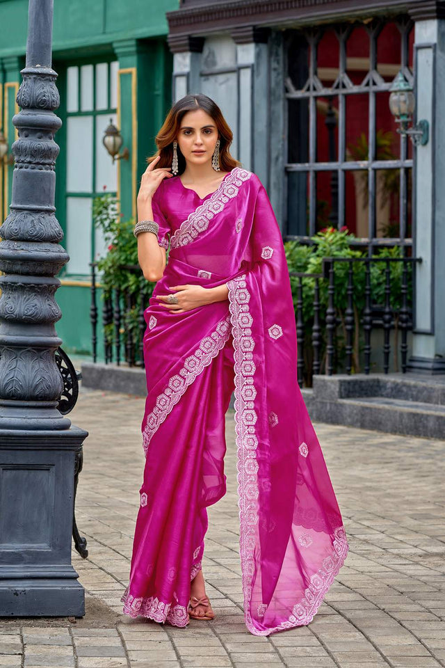 Pink Floral Embroidered Chiffon Saree (HT1808)