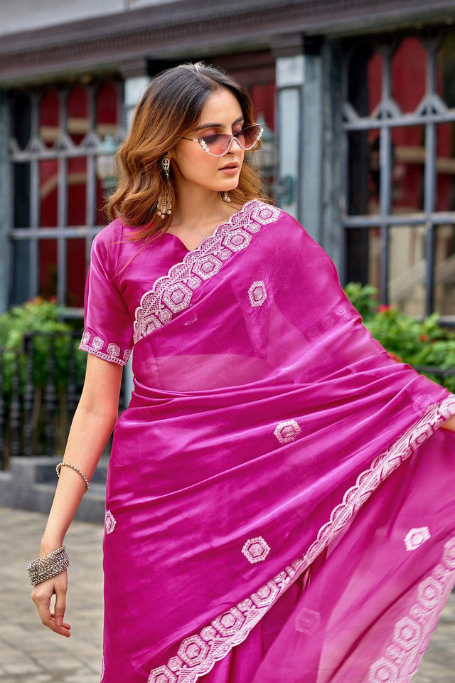Pink Floral Embroidered Chiffon Saree (HT1808)