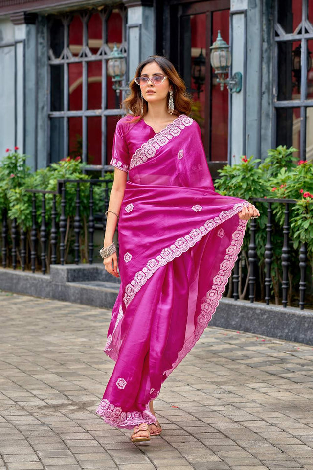 Pink Floral Embroidered Chiffon Saree (HT1808)