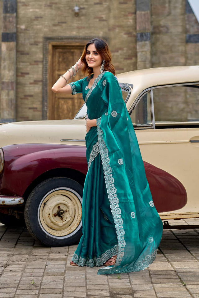 Turquoise Floral Embroidered Chiffon Saree (HT1809)
