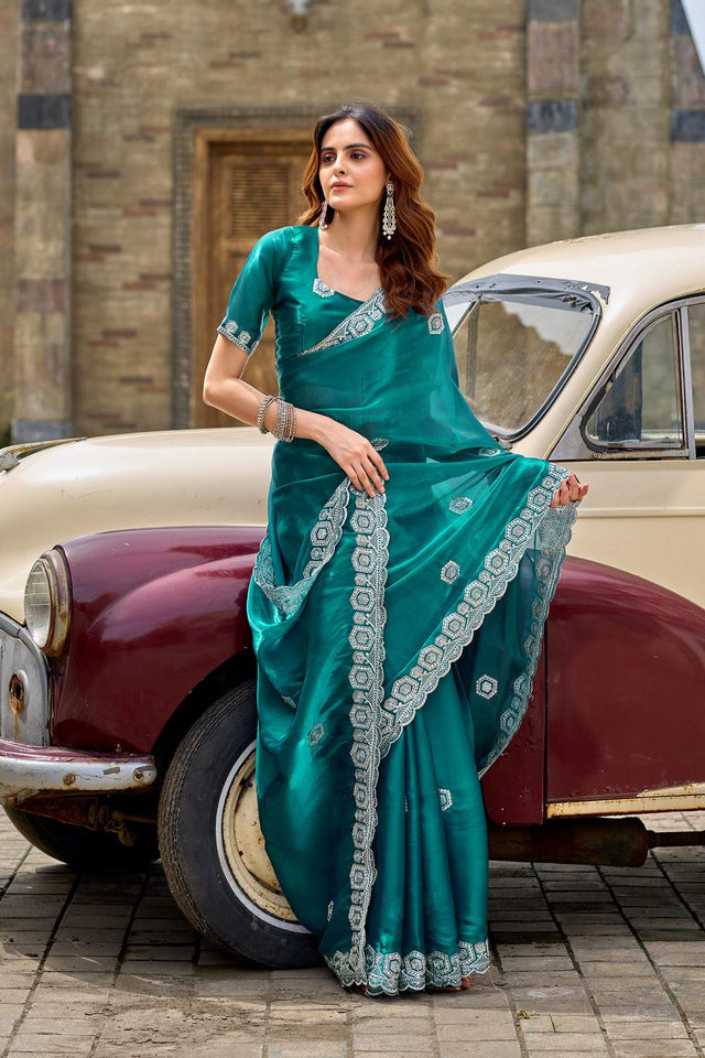 Turquoise Floral Embroidered Chiffon Saree (HT1809)