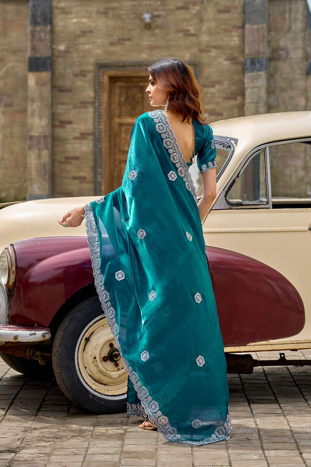 Turquoise Floral Embroidered Chiffon Saree (HT1809)