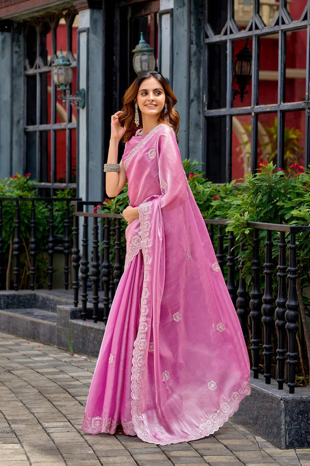 Light Pink Floral Embroidered Chiffon Saree (HT1810)