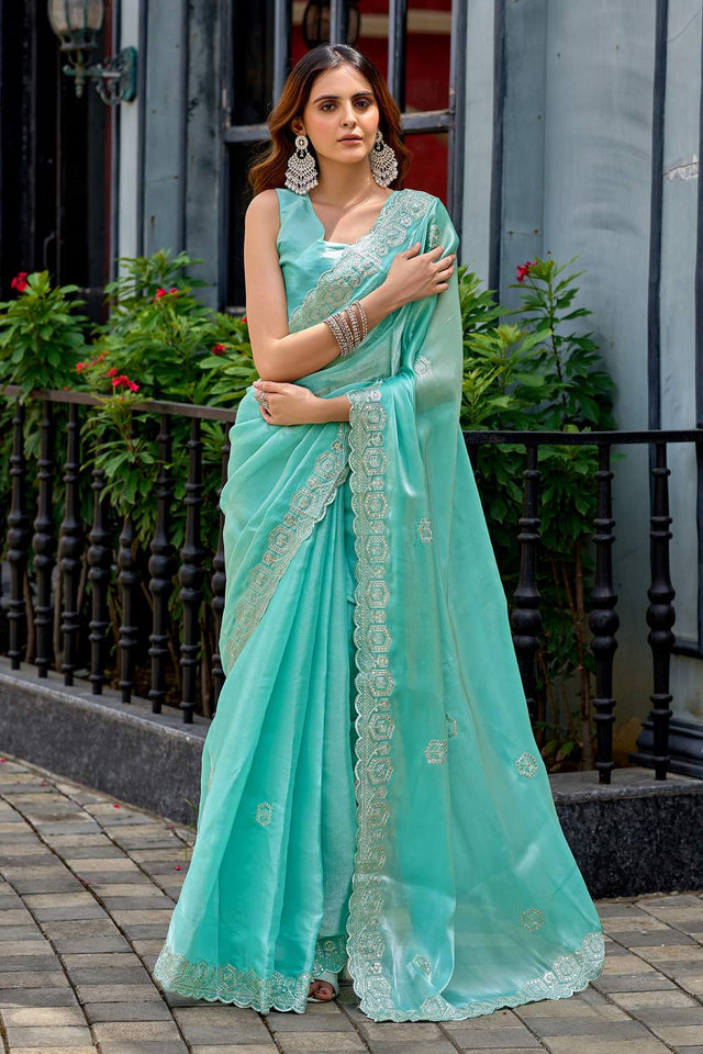 Blue Floral Embroidered Chiffon Saree (HT1811)