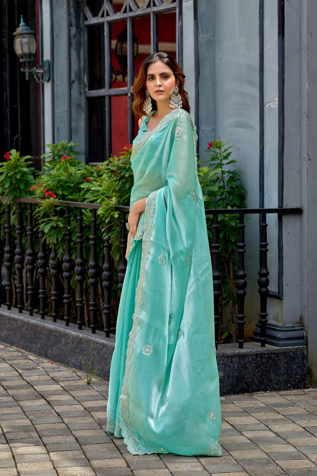 Blue Floral Embroidered Chiffon Saree (HT1811)