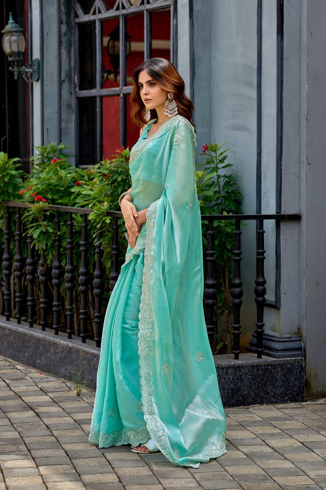Blue Floral Embroidered Chiffon Saree (HT1811)