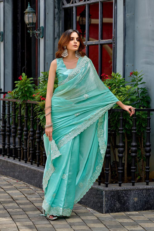Blue Floral Embroidered Chiffon Saree (HT1811)