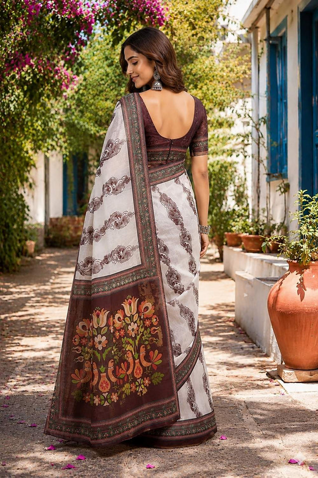 Off White Floral Printed Chanderi Cotton Ready To Wear Saree (HT1902)